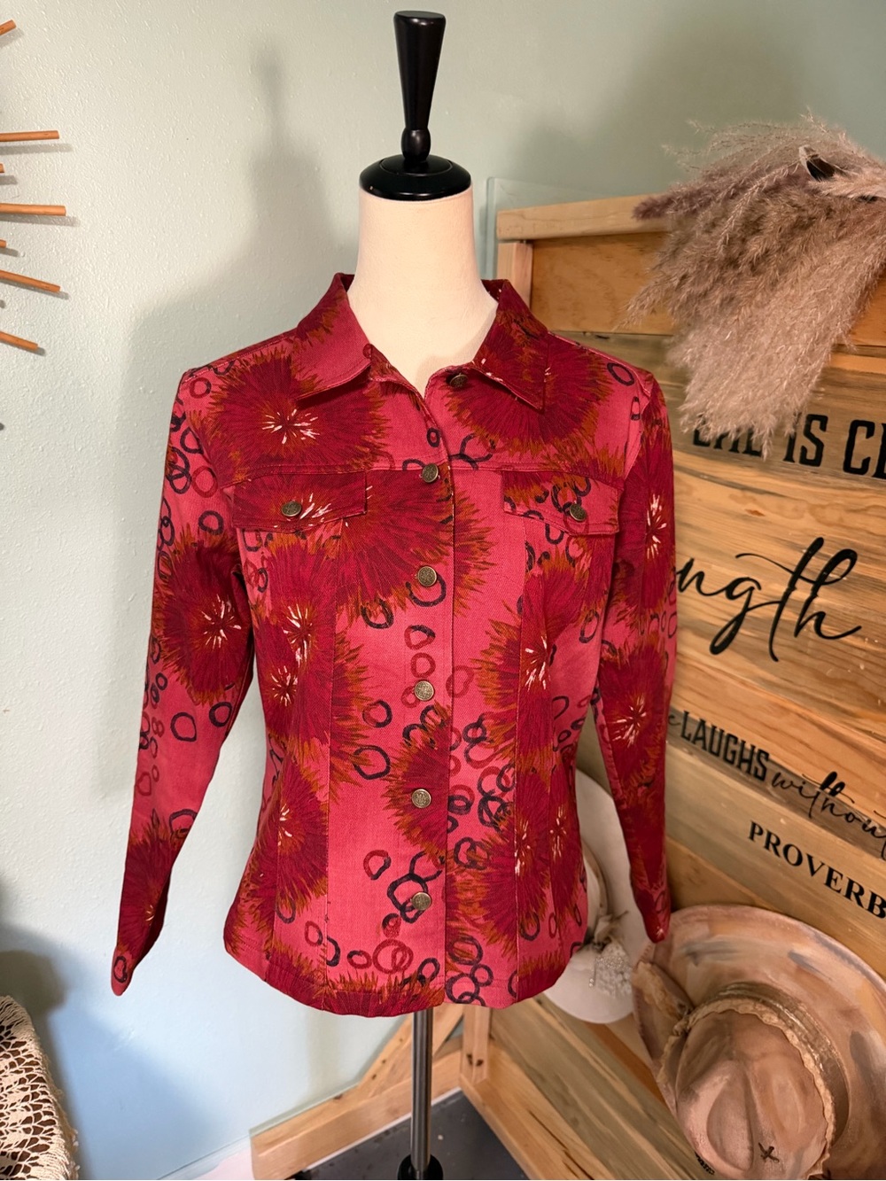 French Laundry Red Floral Button-Front Shirt Jacket